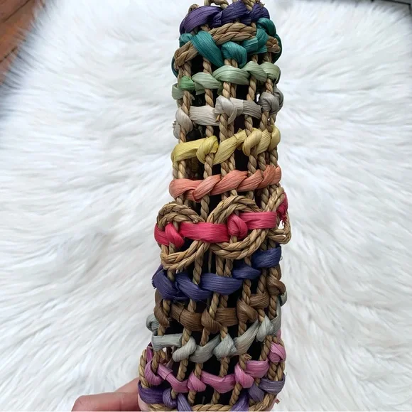 Vintage T. Cappelli Colorful Boho Straw Woven Bag Round Wooden Handle - Picture 9 of 10